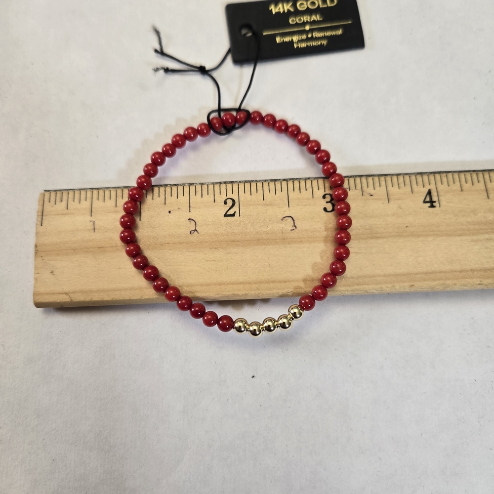 14kt Solid Yellow Gold Genuine Red Coral Bracelet - Picture 4 of 6